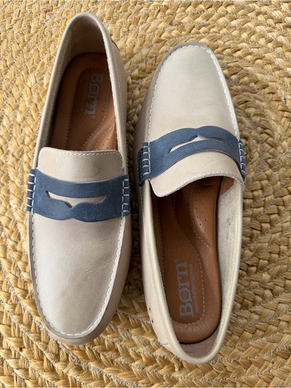 Born Taupe Leather Penny Loafers with Navy Strap